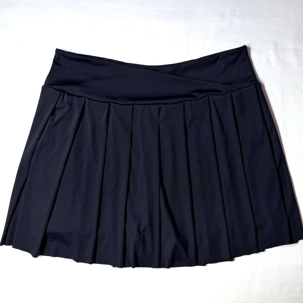 Black Pleated Athletic Skort Crossover Waist High Rise Tennis Golf Skirt Large